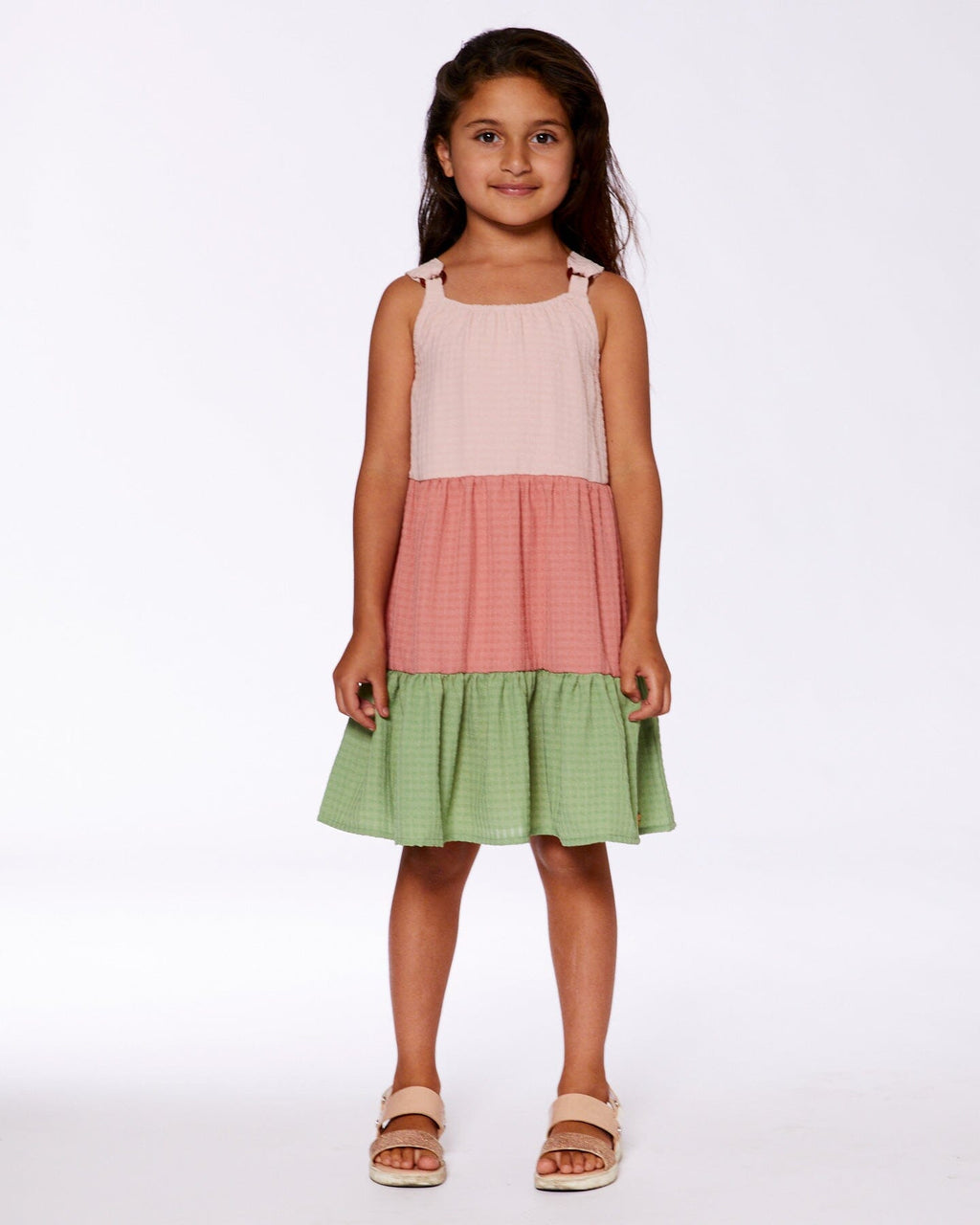 Tiered Color Block Peasant Dress Peach Pink And Green-2
