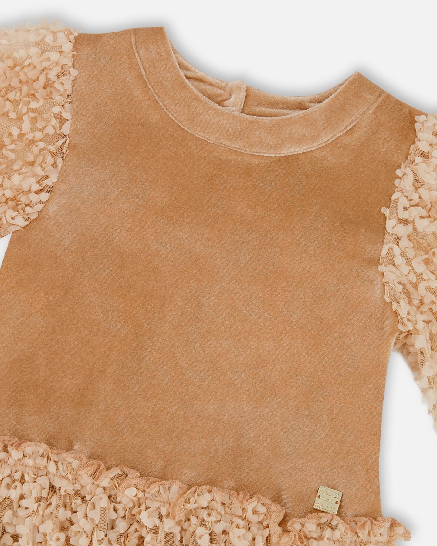 Puff Sleeve Bi-Material Velour And Lace Dress Light Caramel-2